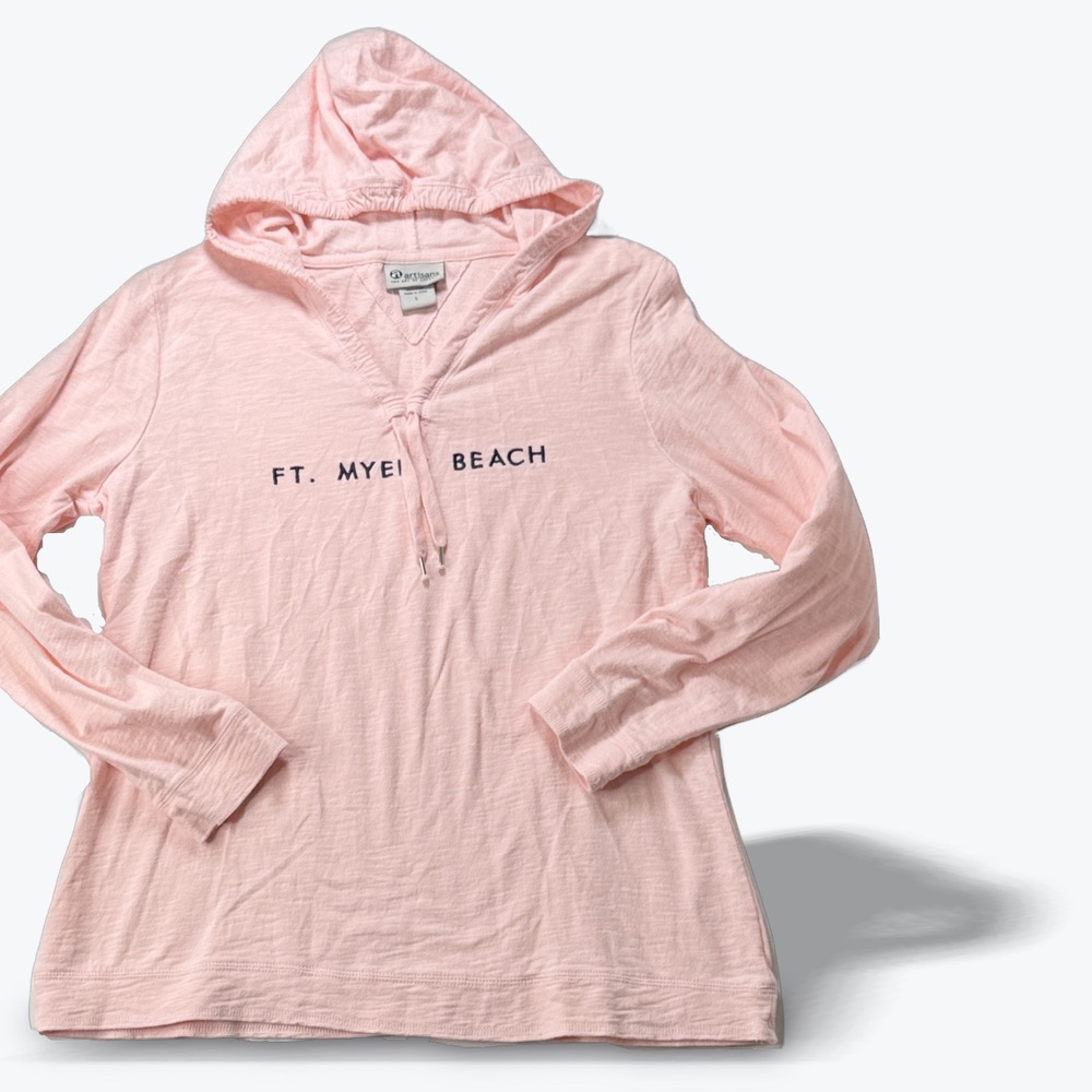 Artisans Ft Myers Beach Pink Hooded Long Sleeve Graphic Tee Shirt Women Large
